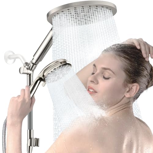 High Pressure Dual Shower Head with Handheld Spray Combo | 9 Spray Modes Handheld Showerhead, Double Rainfall Structure, Waterfall Shower Equipped with 79-Inch Hose, Brushed Nickel - color: Brushed Nickel