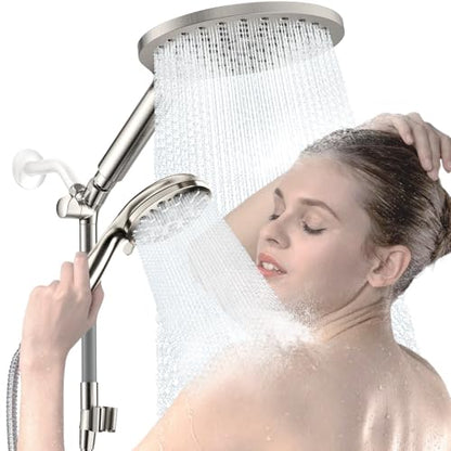 High Pressure Dual Shower Head with Handheld Spray Combo | 9 Spray Modes Handheld Showerhead, Double Rainfall Structure, Waterfall Shower Equipped with 79-Inch Hose, Brushed Nickel - color: Brushed Nickel