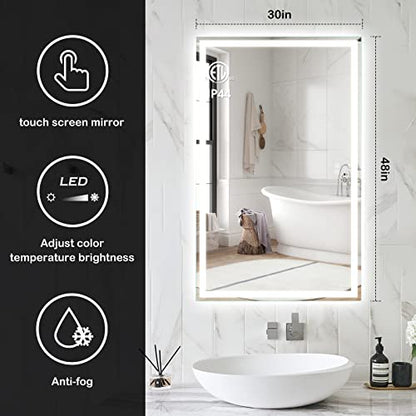 ROOMTEC 48x30 Inches LED Bathroom Mirror with Lights, Vanity Mirror with Front and Backlight, Smart Dimmable Anti-Fog LED Mirror for Bathroom, Memory Function, Tempered Glass (Horizontal/Vertical) | Anti-Fog, Dimmable, Memory Function, Bathroom Vanity Mir
