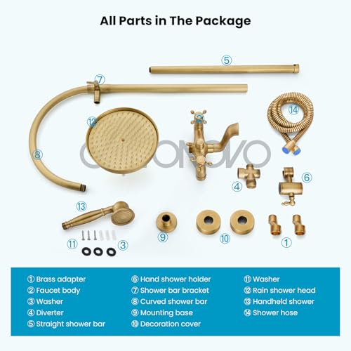 gotonovo Exposed Shower Faucet Set with Tub Spout Antique Brass | Brass Bathroom Shower System,8 Inch Rainfall Head with Handheld Spray and Tub Filler,Adjustable Height,6’’ Hole Distance - color: Antique Gold