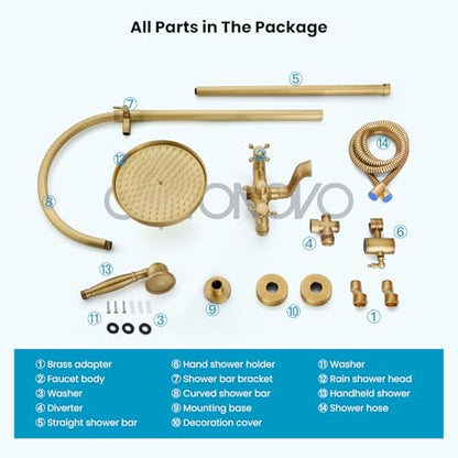 gotonovo Exposed Shower Faucet Set with Tub Spout Antique Brass | Brass Bathroom Shower System,8 Inch Rainfall Head with Handheld Spray and Tub Filler,Adjustable Height,6’’ Hole Distance - color: Antique Gold