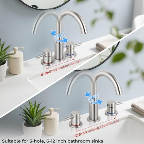 Bathroom Faucet 3 Hole Brushed Nickel, 2-Handle Widespread Faucet | Lead-free stainless steel, pop-up drain, Detachable faucet aerator, 360°swivel, for RV & vanity sink 3-hole mount - color: 1-Brushed Nickel, style: 8 Inch Widespread