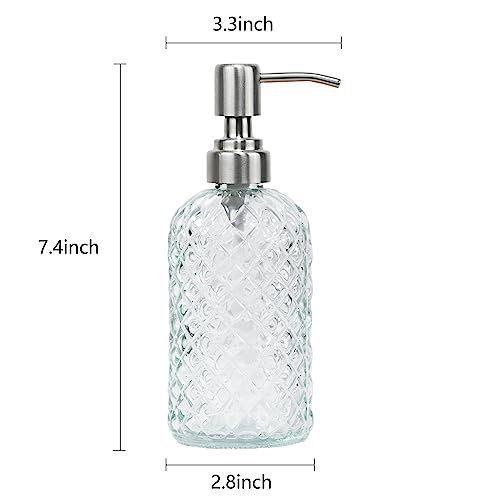 16 oz Diamond Pattern Glass Soap Dispenser, Kitchen and Bathroom Refillable Soap Dispenser with Rust Resistant Stainless Steel Pump for Hand Soap, Lotion Glass Liquid Dispenser(Clear-2pack) - color: Clear-2pack
