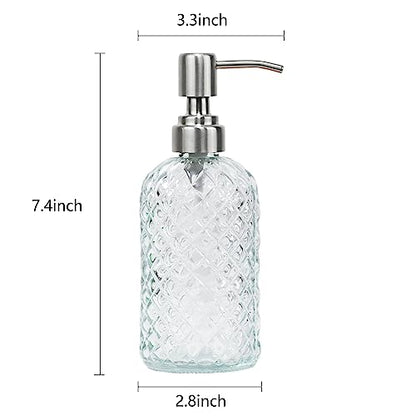 16 oz Diamond Pattern Glass Soap Dispenser, Kitchen and Bathroom Refillable Soap Dispenser with Rust Resistant Stainless Steel Pump for Hand Soap, Lotion Glass Liquid Dispenser(Clear-2pack) - color: Clear-2pack