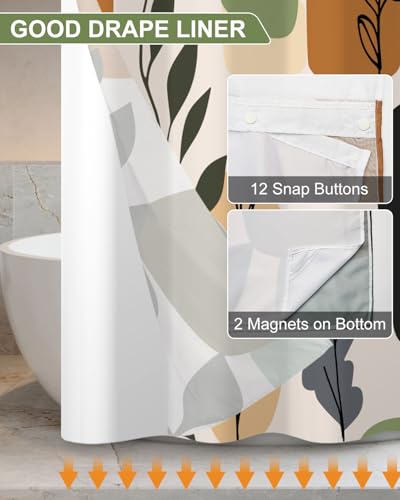 Boho No Hook Shower Curtain with Snap in Liner Set, 71x74 Inch | Double layer Waterproof Bath Curtain with Mesh Top, Abstract Botanical Leaf & Geometric Print for Mid-Century Modern Bathroom - color: Boho-1