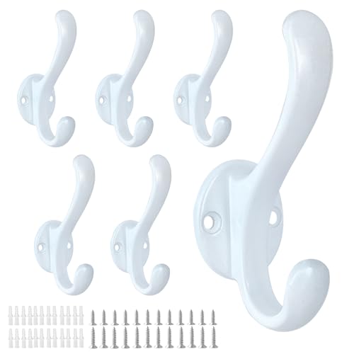 6 Pack Coat Hooks Wall Mount Heavy Duty Utility Retro Double Hooks for Hanging Coats,Hat, Towel, Key, Robe, Scarf, Bag, Cap (White) - color: 6 Pack-White
