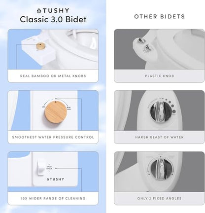 TUSHY Classic 3.0 Bidet Toilet Seat Attachment, Biscuit/Bamboo | Non-Electric, Self Cleaning Water Sprayer, Adjustable Pressure Nozzle, Angle Control, Easy Home Installation - color: Biscuit/Bamboo, style: Cool Water