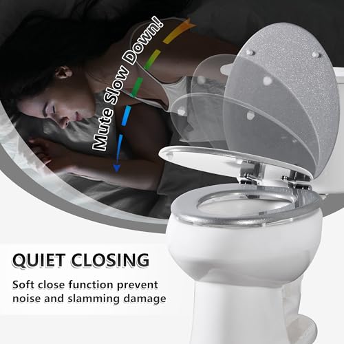 Angol Shiold Glitter Toilet Seat Molded Wood Elongated Toilet Seat with Quietly Close and Quick Release Hinges, Easy to Clean also Easy to Install (Elongated 18.5'', Silver) - color: Silver, size: Elongated 18.5‘’