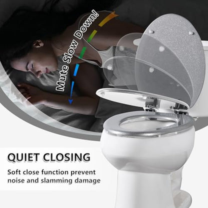 Angol Shiold Glitter Toilet Seat Molded Wood Elongated Toilet Seat with Quietly Close and Quick Release Hinges, Easy to Clean also Easy to Install (Elongated 18.5'', Silver) - color: Silver, size: Elongated 18.5‘’