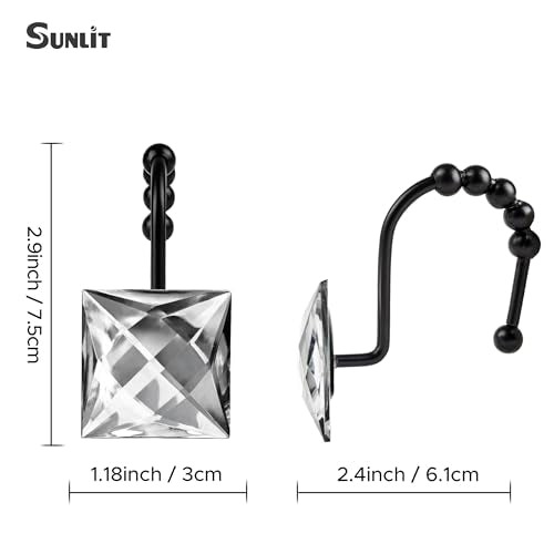 Sunlit Luxury Design Square Clear Diamond Crystal Gem Bling with Glide Balls Shower Curtain Hooks, Rust Proof Metal Rhinestones Glam Shower Curtain Rings with Black Hooks, Set of 12 - color: Clear With Black Hooks
