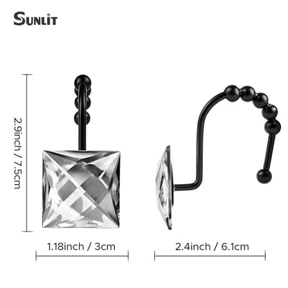 Sunlit Luxury Design Square Clear Diamond Crystal Gem Bling with Glide Balls Shower Curtain Hooks, Rust Proof Metal Rhinestones Glam Shower Curtain Rings with Black Hooks, Set of 12 - color: Clear With Black Hooks