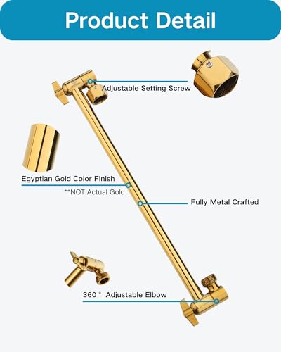 15 Inch Extra Long Adjustable Shower Head Extension Arm With Locking Set Screw, Singing Rain 304 Stainless Steel Angle Height Adjustable, G1/2 Universal Connector Compatible (Egyptian Gold) - color: 5. Egyptian Gold, style: 15 inch