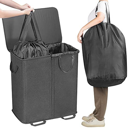 Lifewit Double Laundry Hamper with Lid and Removable Laundry Bags, Large Collapsible 2 Dividers Dirty Clothes Basket with Handles for Bedroom Laundry Room Closet Bathroom College, 136L Black - color: Black, size: 136L
