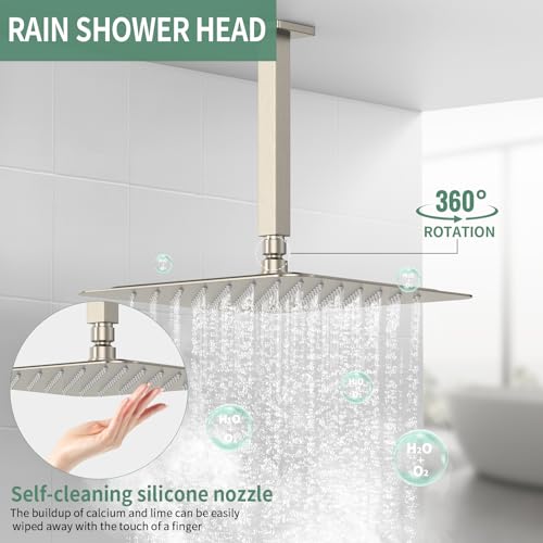 SunCleanse Rainfall Shower System Brushed Nickel Ceiling Mounted Shower System Combo Set with High Pressure 12 Inches Square Rain Shower Head Handheld and Shower Faucet Rough-in Mixer Valve and Trim | Ceiling mounted shower combo set featuring a 12" rainf