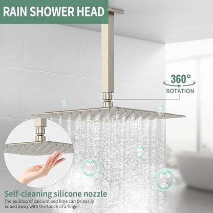 SunCleanse Rainfall Shower System Brushed Nickel Ceiling Mounted Shower System Combo Set with High Pressure 12 Inches Square Rain Shower Head Handheld and Shower Faucet Rough-in Mixer Valve and Trim | Ceiling mounted shower combo set featuring a 12" rainf