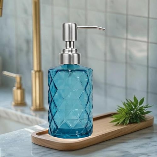12Oz Blue Glass Soap Dispenser, Liquid Hand Bottle, Stainless Steel Pump | Refillable Clear Kitchen Soap Dispenser with Diamond Design, for Hand soap, Dish Soap, Lotion, Bathroom, Countertop, Hotel - color: Diamond Blue