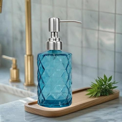 12Oz Blue Glass Soap Dispenser, Liquid Hand Bottle, Stainless Steel Pump | Refillable Clear Kitchen Soap Dispenser with Diamond Design, for Hand soap, Dish Soap, Lotion, Bathroom, Countertop, Hotel - color: Diamond Blue