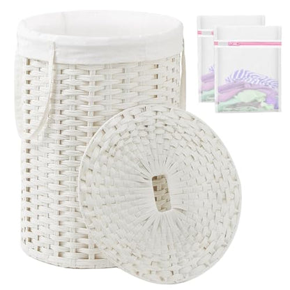 SETVSON Laundry Basket with Lid Round PE Rattan Laundry Hamper, White | 110L Large Woven Basket with Lid, Removable Washable Liner Bag, 2 Mesh Laundry Bags, Foldable Long Side Handles Versatile - color: White, size: 110 L