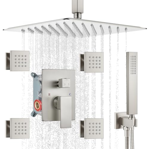 gotonovo Ceiling Shower System with 4pcs Full Body Jets,Brushed Nickel | SUS304 12’’ Rain Shower Head with Handheld Spray,Brass Body Message Jets,Ceiling Mount,Rough-in Valve and Trim Kit,All Metal - color: Nickel