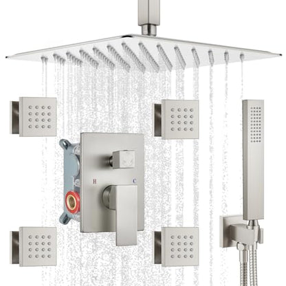 gotonovo Ceiling Shower System with 4pcs Full Body Jets,Brushed Nickel | SUS304 12’’ Rain Shower Head with Handheld Spray,Brass Body Message Jets,Ceiling Mount,Rough-in Valve and Trim Kit,All Metal - color: Nickel
