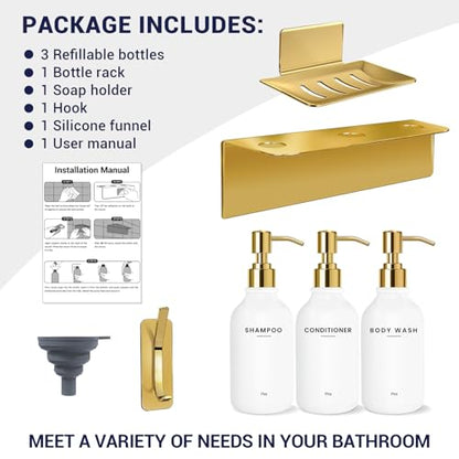 Shampoo and Conditioner Dispenser Wall Mounted Set with Soap Dish and Hook | Soap Dispenser Set of 3. Refillable Bottles with Pumps, Drill Free Adhesive Bathroom Organizer, Dorm Room Essentials, Gold