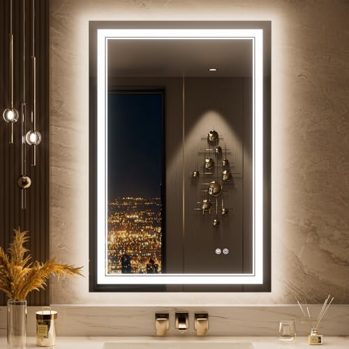 Keonjinn LED Mirror for Bathroom, 36 x 24 Inch, Wall Mounted, Dimmable, Anti-Fog, IP54 Waterproof, 3 Year Warranty | 3 Color Temperature, Fast & Safe Defogging, Stepless Dimmable, Hardwired/Plug in, Smart Lighted Bathroom Mirror with Lights - size: 36"L x
