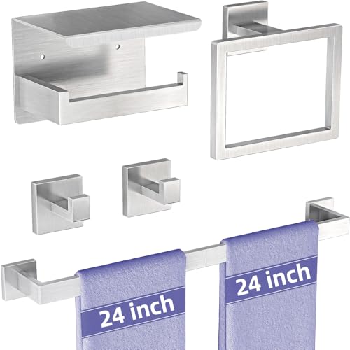 5-Pieces Bathroom Hardware Accessories Set, 24 Inch Stainless Steel Towel Racks for Bathroom, Towel Bar Set Towel Ring Coat Hook and Toilet Paper Holder with Shelf Wall Mounted, Brushed Silver - color: Silver