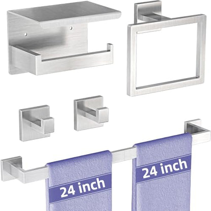 5-Pieces Bathroom Hardware Accessories Set, 24 Inch Stainless Steel Towel Racks for Bathroom, Towel Bar Set Towel Ring Coat Hook and Toilet Paper Holder with Shelf Wall Mounted, Brushed Silver - color: Silver