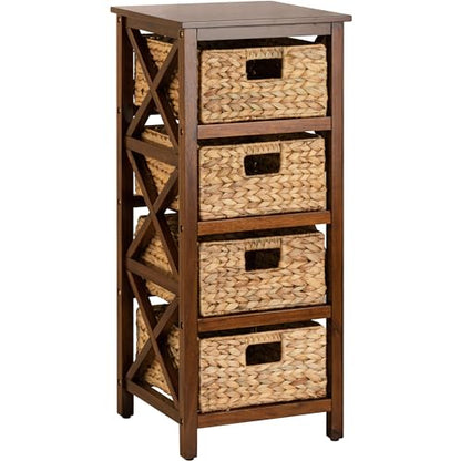 4 Tier X-Side End Storage Cabinet, Walnut | 4 Wicker Baskets, End Table, Side Table - color: Walnut, size: 14"D x 14"W x 32.1"H (4 Drawers)