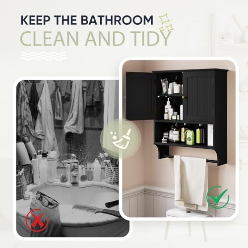 Smuxee Black Bathroom Cabinet Wall Mounted with Towels Bar, Medicine Cabinet with 2 Door Adjustable Shelves, Over Toilet Cabinet for Bathroom Laundry Room Kitchen - color: Black Big With Towels Bar