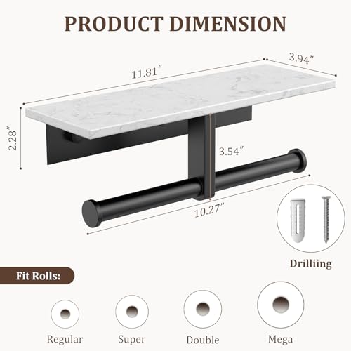 BWE Double Toilet Paper Holder with Shelf Wall Mounted Tissue Roll Holder | Commercial Toilet Paper Dispenser for Bathroom Marble Toilet Paper Storage Holder with Phone Shelf (Matte Black) - color: Double Black