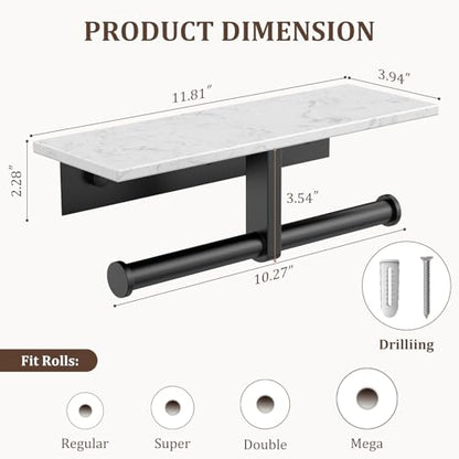 BWE Double Toilet Paper Holder with Shelf Wall Mounted Tissue Roll Holder | Commercial Toilet Paper Dispenser for Bathroom Marble Toilet Paper Storage Holder with Phone Shelf (Matte Black) - color: Double Black