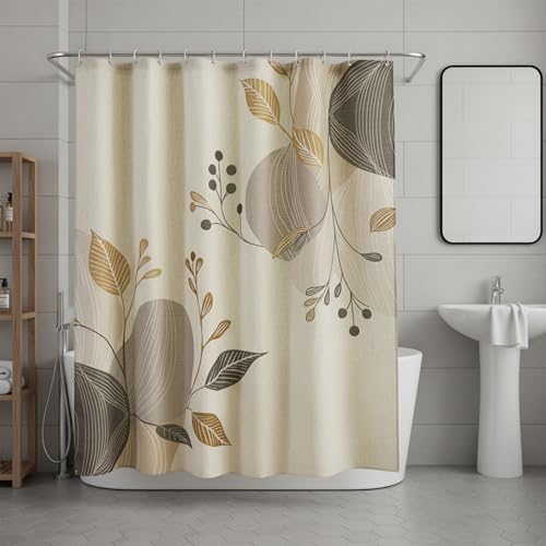 Morandi Branch Linen Boho Floral Shower Curtain Set with Liner | Double Layer Shower Curtain Waterproof Fabric with Zippered Removable PEVA Liner,Boho Shower Curtain for Bathroom,Free Hooks - color: Neutral Leaf