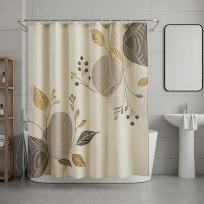 Morandi Branch Linen Boho Floral Shower Curtain Set with Liner | Double Layer Shower Curtain Waterproof Fabric with Zippered Removable PEVA Liner,Boho Shower Curtain for Bathroom,Free Hooks - color: Neutral Leaf
