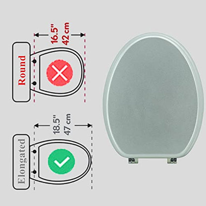 Elongated Toilet Seat Wood Toilet Seat Prevent Shifting with Zinc Alloy Hinges American Standard Size Toilet Seat Easy to Install also Easy to Clean(Elongated,Sparkling Classical Silver) - color: Classical Silver, size: Elongated