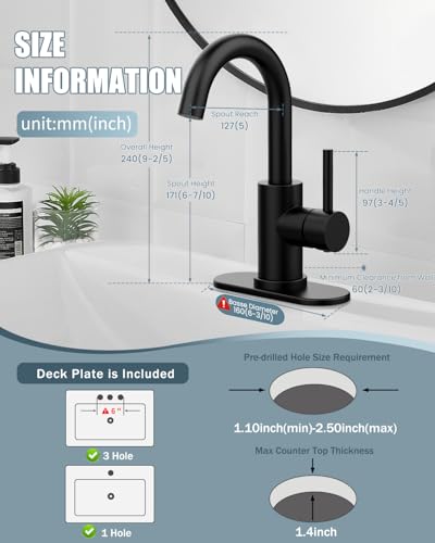 Black Bathroom Faucet with Pop-up Sink Drain Stopper, Stainless Steel Bathroom Sink Faucet, Single Handle 360° Swivel Gooseneck Spout Suitable for Bar Kitchen RV Vanity - color: 1.Matte Black, style: 2 PCS