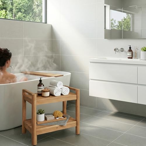 Asta Select Solid Teak 20" Shower Bench with Arms, Portable Teak Wood Spa/Shower/Outdoor Bench with Storage Shelf, Accent Side Table, Fully Assembled, ST-61A