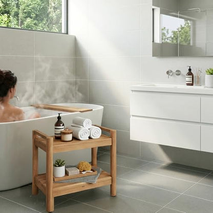 Asta Select Solid Teak 20" Shower Bench with Arms, Portable Teak Wood Spa/Shower/Outdoor Bench with Storage Shelf, Accent Side Table, Fully Assembled, ST-61A