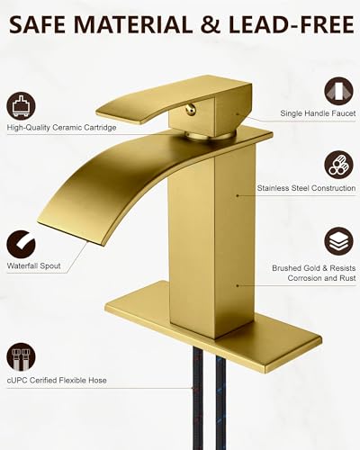 Midanya Waterfall Bathroom Faucet 1 Hole,Gold | with 24” Hoses,Pop Up Drain,6” Deck Plate,for 1 or 3 Hole Vanity,Lavatory,RV,Single Handle Bathroom Sink Faucet,NSF Certified - color: Gold