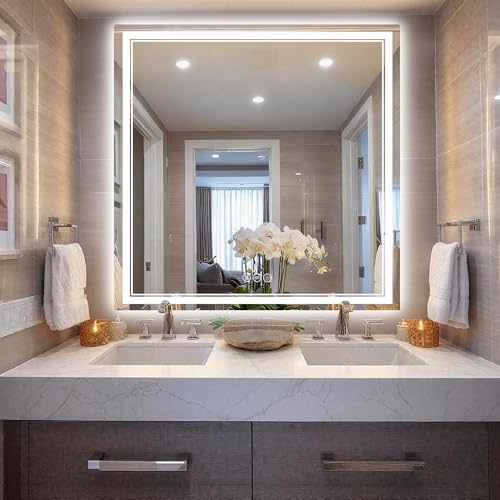 36''x36'' Lighted Mirrors for Bathroom Wall Backlit + Front Lit, Rectangular LED Bathroom Mirror Frameless with Lights Anti Fog, Dimmable, 3 Colors,Tempered Glass, Shatter-Proof - color: Color 1, size: 36"L x 36"W