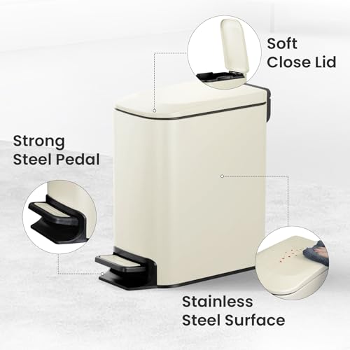 Cesun Small Bathroom Trash Can with Lid, 1.6 Gal, Soft Close, Creamy White | Step pedal soft close, Slim 5.9in fits narrow spaces, Stainless steel, Anti-fingerprint, Removable inner bucket, Odor seal - color: Creamy White
