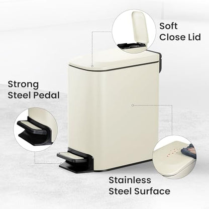 Cesun Small Bathroom Trash Can with Lid, 1.6 Gal, Soft Close, Creamy White | Step pedal soft close, Slim 5.9in fits narrow spaces, Stainless steel, Anti-fingerprint, Removable inner bucket, Odor seal - color: Creamy White