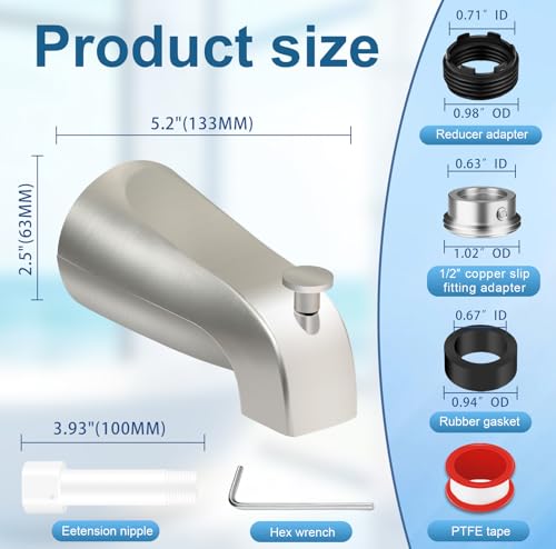 Universal Tub Spout for 1/2" Copper Pipe, 1/2" IPS and 3/4" IPS, Bathtub Faucet with Diverter and Adapter and Hex Wrench (Brushed Nickel) - color: Brushed Nickel