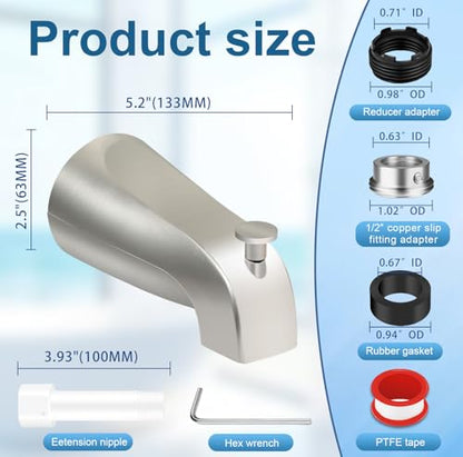 Universal Tub Spout for 1/2" Copper Pipe, 1/2" IPS and 3/4" IPS, Bathtub Faucet with Diverter and Adapter and Hex Wrench (Brushed Nickel) - color: Brushed Nickel