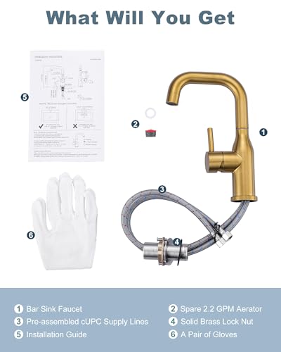 Bar Sink Faucet Single Hole: ARCORA Brushed Gold Wet Bar Faucets - Prep Sink Faucet 360 Swivel - Small Kitchen Bathroom Faucet with cUPC Supply Lines - color: Brushed Gold