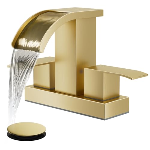gotonovo Waterfall 4’’ Centerset Bathroom Sink Faucet Brushed Gold | 2 Handle Bathroom Faucet,SUS304,2 or 3 Hole,2.17’’ Wide Spout,24’’ cUPC Water Line,Pop Up Drain,Vanity,RV,Lavatory Modern Tap - color: Gold