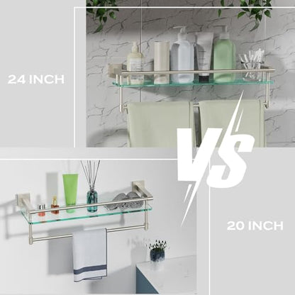 24-Inch Modern Wall-Mounted Bathroom Glass Shelf with 1 Shelf, Brushed Nickel, 1 Towel Bar, 45 lbs Weight Capacity - color: Brushed Nickel, size: 24-inch with Railing