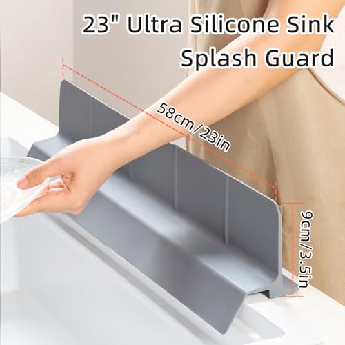23" Ultra Silicone High Sink Splash Guard, Grey | Released in 2026, Self-Draining Water Splash Guard, for Kitchen Sink&Bathroom&Island, 3.5" Splash Guard, 7 Strong Suction Cup - color: Gray