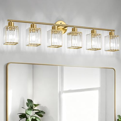 6 Light Bathroom Light Fixtures, Modern Crystal Vanity Lights over Mirror | Metal Frame, Bathroom Light with Square Crystal Shade, ETL Certified, E26 Ceramic Socket, Bulbs Not Included - color: Gold, size: 6-Light