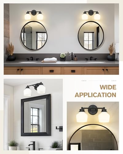 Emak 2-Light Vanity Light, Modern Farmhouse Black Bathroom Fixture Over Mirror With Milk Glass Shade, VL122-BK-ML-2 - color: Black & White Glass, size: 2 Light